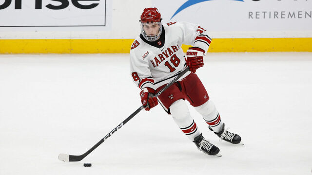 BOSTON, MA - FEBRUARY 13: Alex Laferriere #18 of the Harvard Crimson skates during NCAA hockey in the championship game of the annual Beanpot Hockey Tournament at TD Garden on February 13, 2023 in Boston, Massachusetts. The game officially ended in a 2-2 tie with the Huskies winning the shootout 1-0 to capture the title.