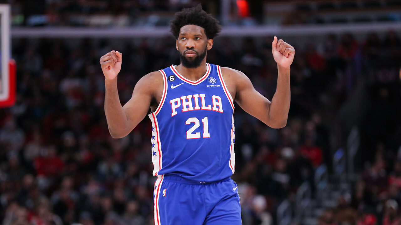 CHICAGO, IL - MARCH 22: Philadelphia 76ers center Joel Embiid (21) reacts to a play during a NBA game between the Philadelphia 76ers and the Chicago Bulls on March 22, 2023 at the United Center in Chicago, IL.