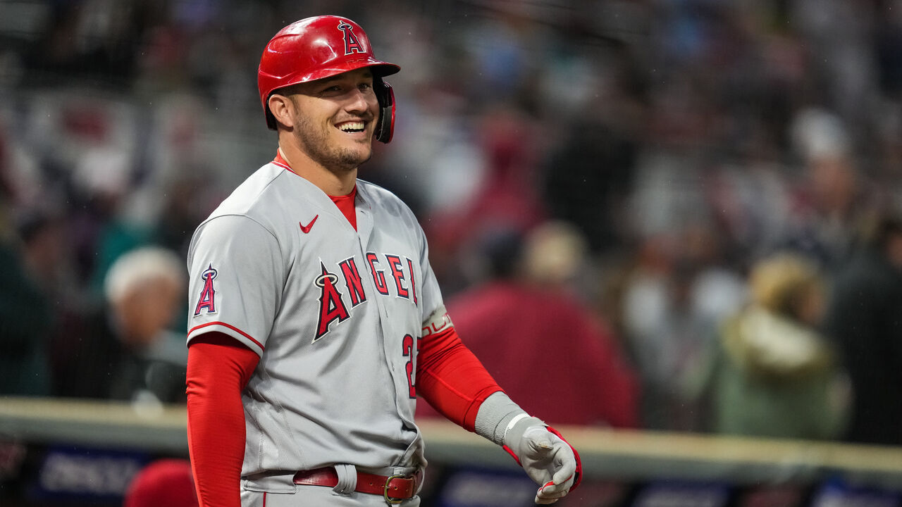 MINNEAPOLIS, MN - SEPTEMBER 23: Mike Trout #27 of the Los Angeles Angels looks on against the Minnesota Twins on September 23, 2022 at Target Field in Minneapolis, Minnesota.
