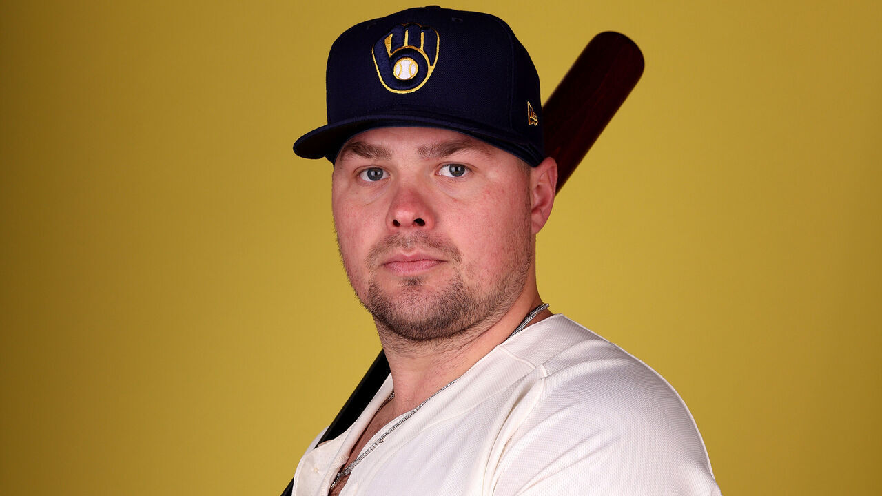 PHOENIX, ARIZONA - FEBRUARY 22: Luke Voit #45 of the Milwaukee Brewers poses for a portrait during photo day at American Family Fields of Phoenix on February 22, 2023 in Phoenix, Arizona.