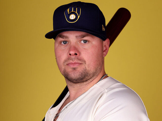 PHOENIX, ARIZONA - FEBRUARY 22: Luke Voit #45 of the Milwaukee Brewers poses for a portrait during photo day at American Family Fields of Phoenix on February 22, 2023 in Phoenix, Arizona.