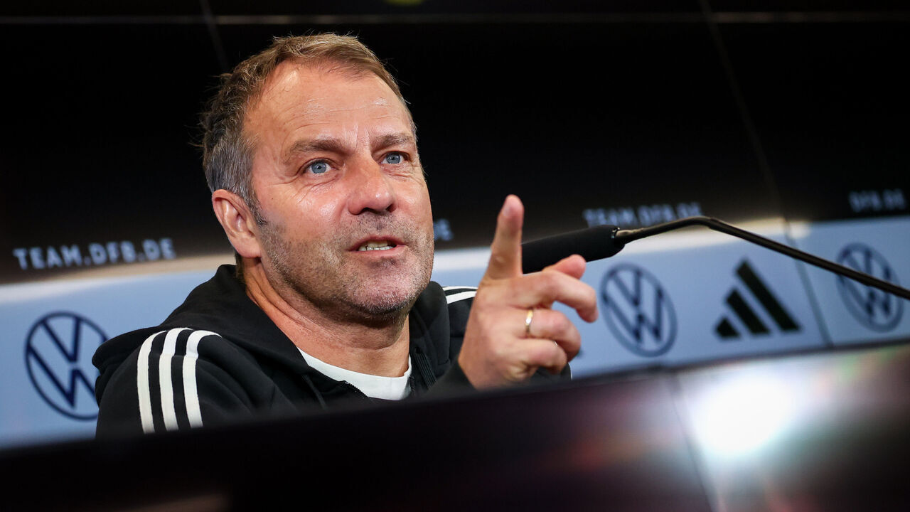 27 March 2023, Hesse, Frankfurt/Main: Soccer: National team, Germany, before the international match against Belgium. National coach Hansi Flick speaks at a national team press conference on the DFB campus. Photo: Christian Charisius/dpa