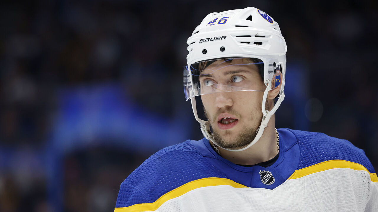 TAMPA, FL - FEBRUARY 23: Buffalo Sabres defenseman Ilya Lyubushkin (46) looks on during an NHL game against the Tampa Bay Lightning on February 23, 2023 at Amalie Arena in Tampa, Florida.