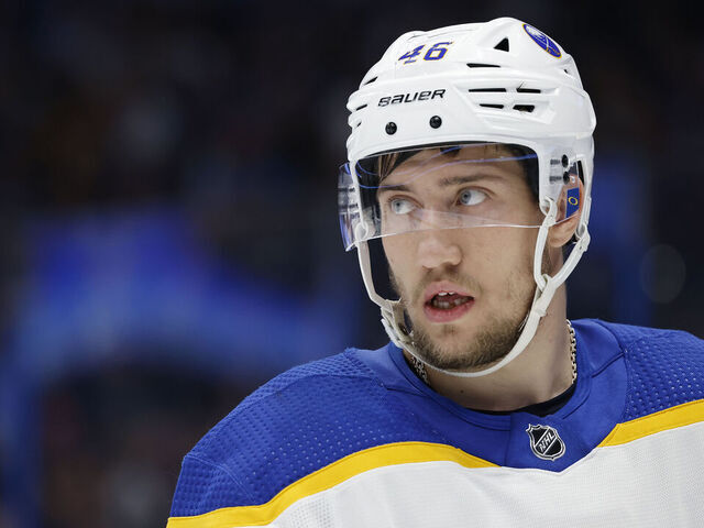 TAMPA, FL - FEBRUARY 23: Buffalo Sabres defenseman Ilya Lyubushkin (46) looks on during an NHL game against the Tampa Bay Lightning on February 23, 2023 at Amalie Arena in Tampa, Florida.