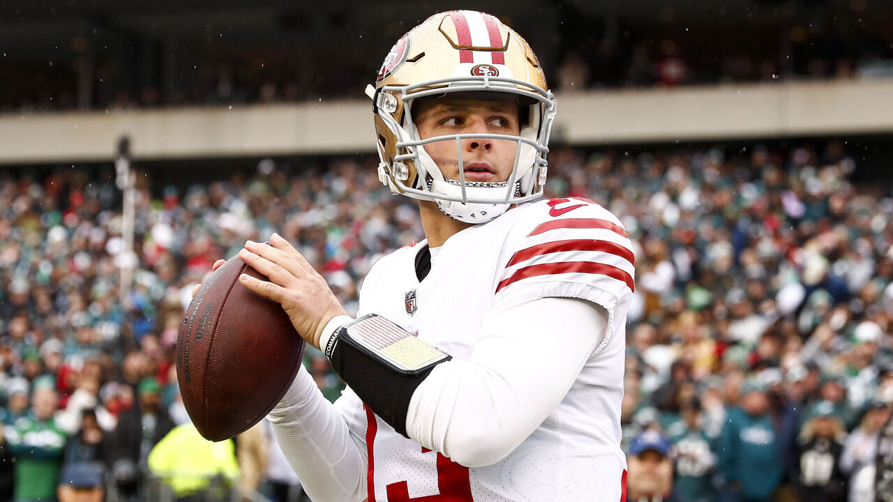 PHILADELPHIA, PA - JANUARY 29: Brock Purdy #13 of the San Francisco 49ers warms up prior to the NFC Championship NFL football game against the Philadelphia Eagles at Lincoln Financial Field on January 29, 2023 in Philadelphia, Pennsylvania.