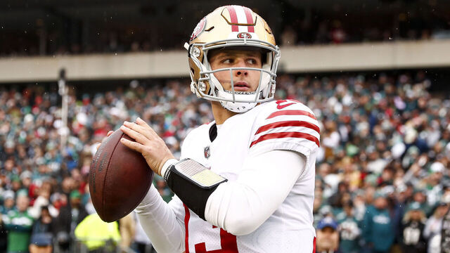 PHILADELPHIA, PA - JANUARY 29: Brock Purdy #13 of the San Francisco 49ers warms up prior to the NFC Championship NFL football game against the Philadelphia Eagles at Lincoln Financial Field on January 29, 2023 in Philadelphia, Pennsylvania.