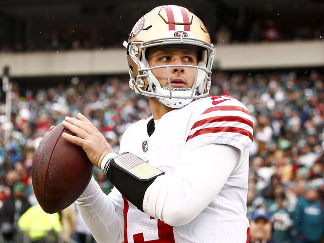 PHILADELPHIA, PA - JANUARY 29: Brock Purdy #13 of the San Francisco 49ers warms up prior to the NFC Championship NFL football game against the Philadelphia Eagles at Lincoln Financial Field on January 29, 2023 in Philadelphia, Pennsylvania.