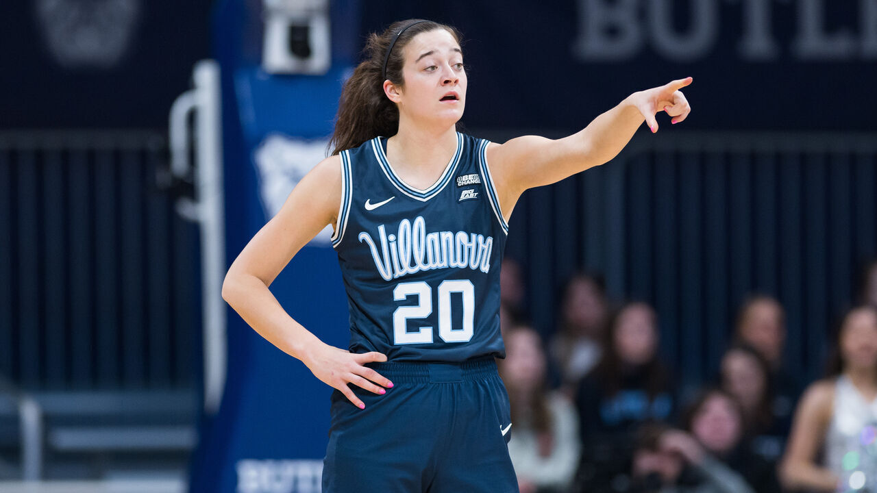 INDIANAPOLIS, IN - FEBRUARY 04: Villanova Wildcats forward Maddy Siegrist (20) points to the sidelines during the women's college basketball game between the Butler Bulldogs and Villanova Wildcats on February 4, 2023, at Hinkle Fieldhouse in Indianapolis, IN.