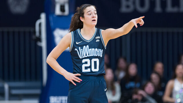 INDIANAPOLIS, IN - FEBRUARY 04: Villanova Wildcats forward Maddy Siegrist (20) points to the sidelines during the women's college basketball game between the Butler Bulldogs and Villanova Wildcats on February 4, 2023, at Hinkle Fieldhouse in Indianapolis, IN.