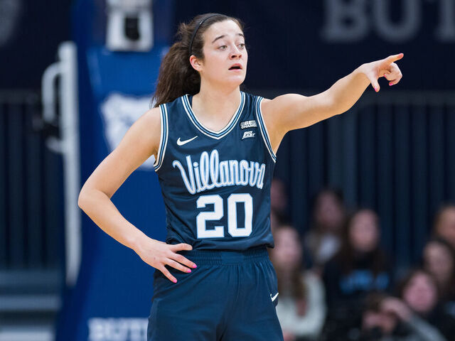 INDIANAPOLIS, IN - FEBRUARY 04: Villanova Wildcats forward Maddy Siegrist (20) points to the sidelines during the women's college basketball game between the Butler Bulldogs and Villanova Wildcats on February 4, 2023, at Hinkle Fieldhouse in Indianapolis, IN.
