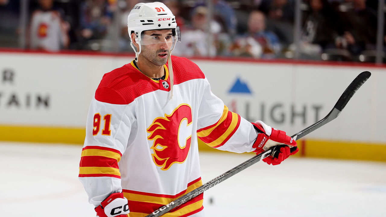 DENVER, COLORADO - FEBRUARY 25: Nazem Kadri #91 of the Calgary Flames skates against the Colorado Avalanche at Ball Arena on February 25, 2023 in Denver, Colorado.