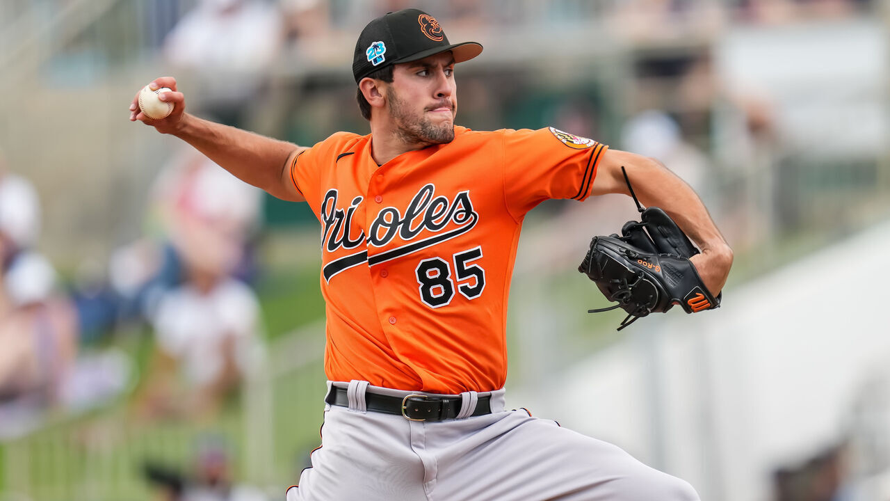 FORT MYERS, FL- MARCH 07: Grayson Rodriguez #85 of the Baltimore Orioles pitches during a spring training game against the Minnesota Twins on March 7, 2023 at the Hammond Stadium in Fort Myers, Florida.