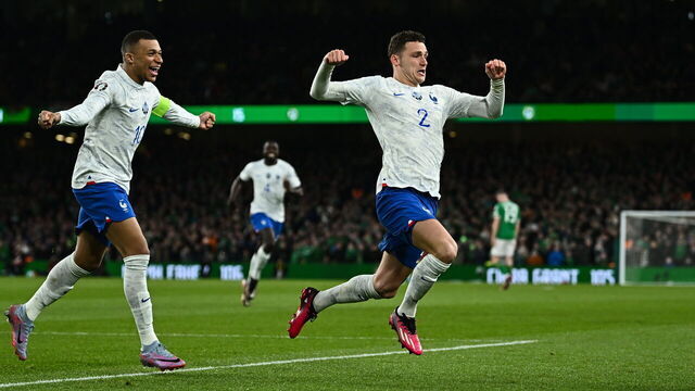 Dublin , Ireland - 27 March 2023; Benjamin Pavard of France, right, celebrates with team-mate Kylian Mbappé after scoring their side's side's first goal during the UEFA EURO 2024 Championship Qualifier match between Republic of Ireland and France at Aviva Stadium in Dublin.