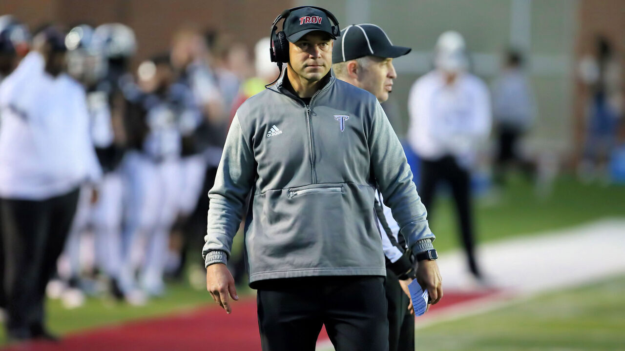 TROY, AL - NOVEMBER 19: Troy Trojans head coach Jon Sumrall during the game between Troy Trojans and Louisiana Monroe Warhawks on November 19, 2022 at Veterans Memorial Stadium in Troy, Alabama.