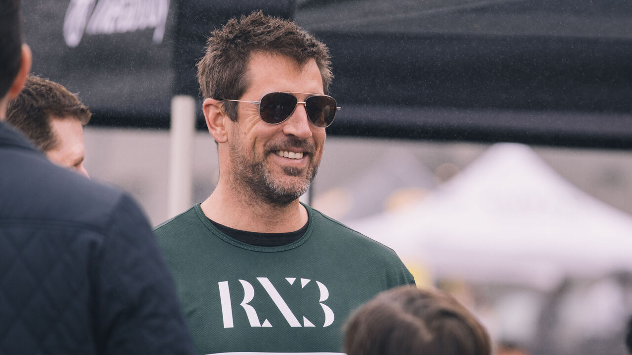 ORANGE COUNTY, CA - MARCH 11: Quarterback Aaron Rodgers at Celebrity Flag Football Charity Event at Saddleback College on March 11, 2023 in Orange County, CA.