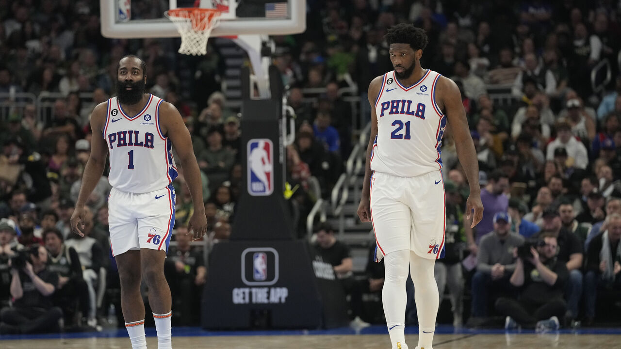 MILWAUKEE, WISCONSIN - MARCH 04: James Harden #1 and Joel Embiid #21 of the Philadelphia 76ers in action against the Milwaukee Bucks in the second half at Fiserv Forum on March 04, 2023 in Milwaukee, Wisconsin.