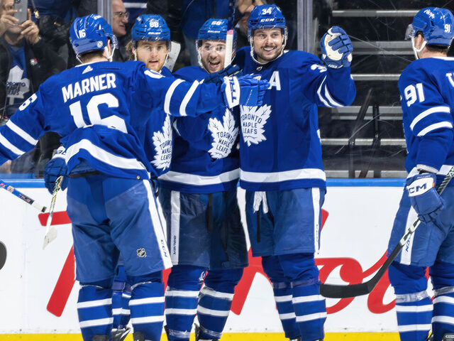 TORONTO, ON - JANUARY 3: Michael Bunting #58 of the Toronto Maple Leafs celebrates scoring against the St. Louis Blues with Mitchell Marner #16, William Nylander #88, Auston Matthews #34 and John Tavares #91 during the third period at the Scotiabank Arena on January 3, 2023 in Toronto, Ontario, Canada.