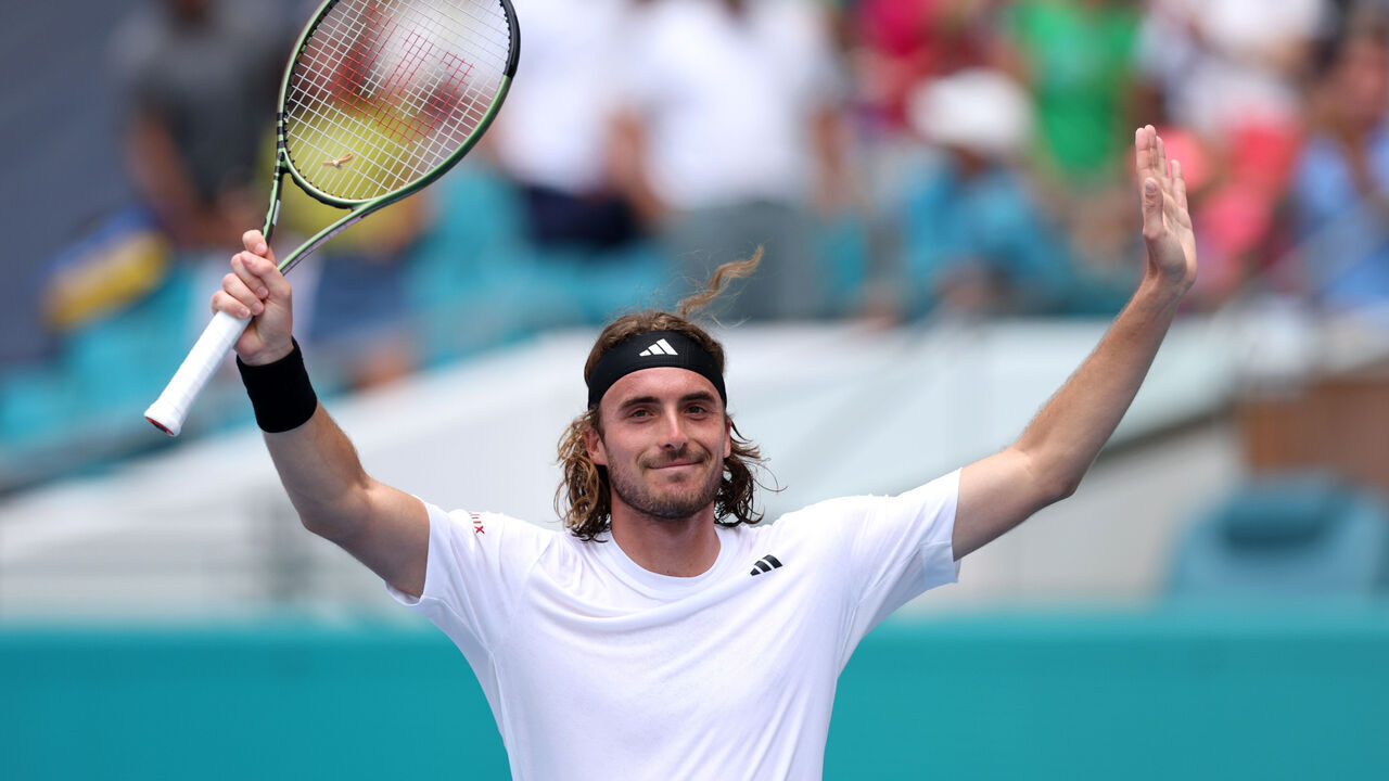 MIAMI GARDENS, FLORIDA - MARCH 27: Stefanos Tsitsipas of Greece celebrates to the crowd after his three set victory against Cristian Garin of Chile in their third round match at Hard Rock Stadium on March 27, 2023 in Miami Gardens, Florida.