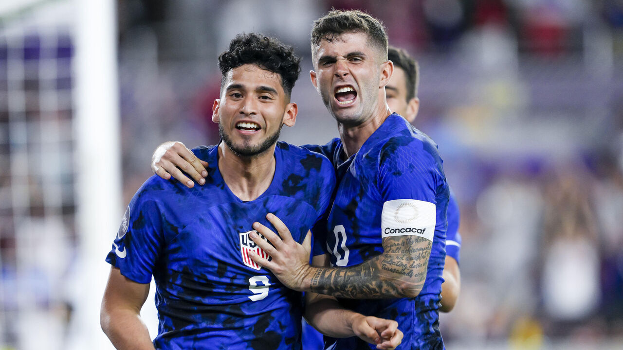 ORLANDO, FL - MARCH 27: United States of America forward Ricardo Pepi (9) celebrates scoring a goal with United States of America forward Christian Pulisic (10) during the CONCACAF Nations League match between the United States vs El Salvador on March 27th, 2023 at Explorer Stadium in Orlando, FL.