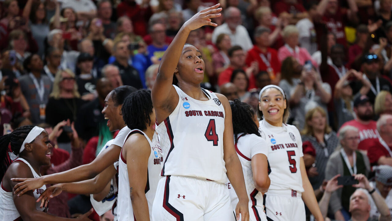 GREENVILLE, SOUTH CAROLINA - MARCH 27: Aliyah Boston #4 of the South Carolina Gamecocks reacts during the fourth quarter of the game against the Maryland Terrapins in the Elite Eight round of the NCAA Women's Basketball Tournament at Bon Secours Wellness Arena on March 27, 2023 in Greenville, South Carolina.