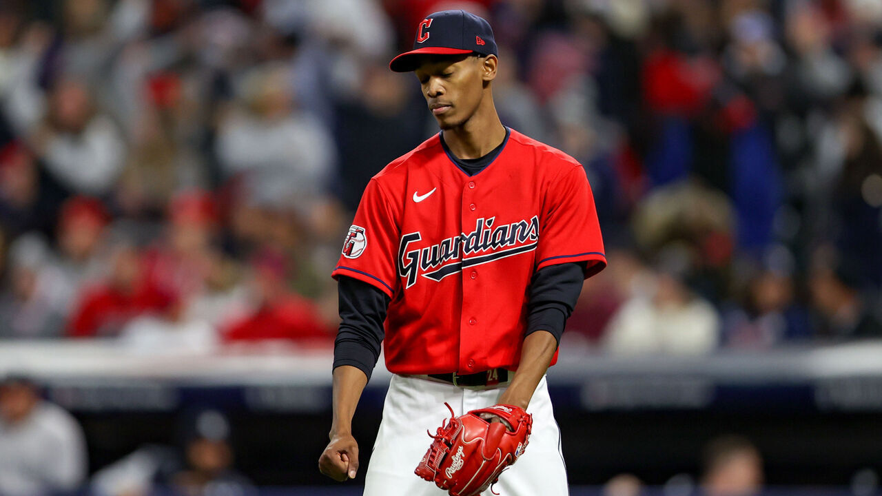 CLEVELAND, OH - OCTOBER 15: Cleveland Guardians starting pitcher Triston McKenzie (24) reacts after giving up a 2-run home run to New York Yankees right fielder Aaron Judge (99) (not pictured) during the third inning of the Major League Baseball ALDS Game 3 between the New York Yankees and Cleveland Guardians on October 15, 2022, at Progressive Field in Cleveland, OH.