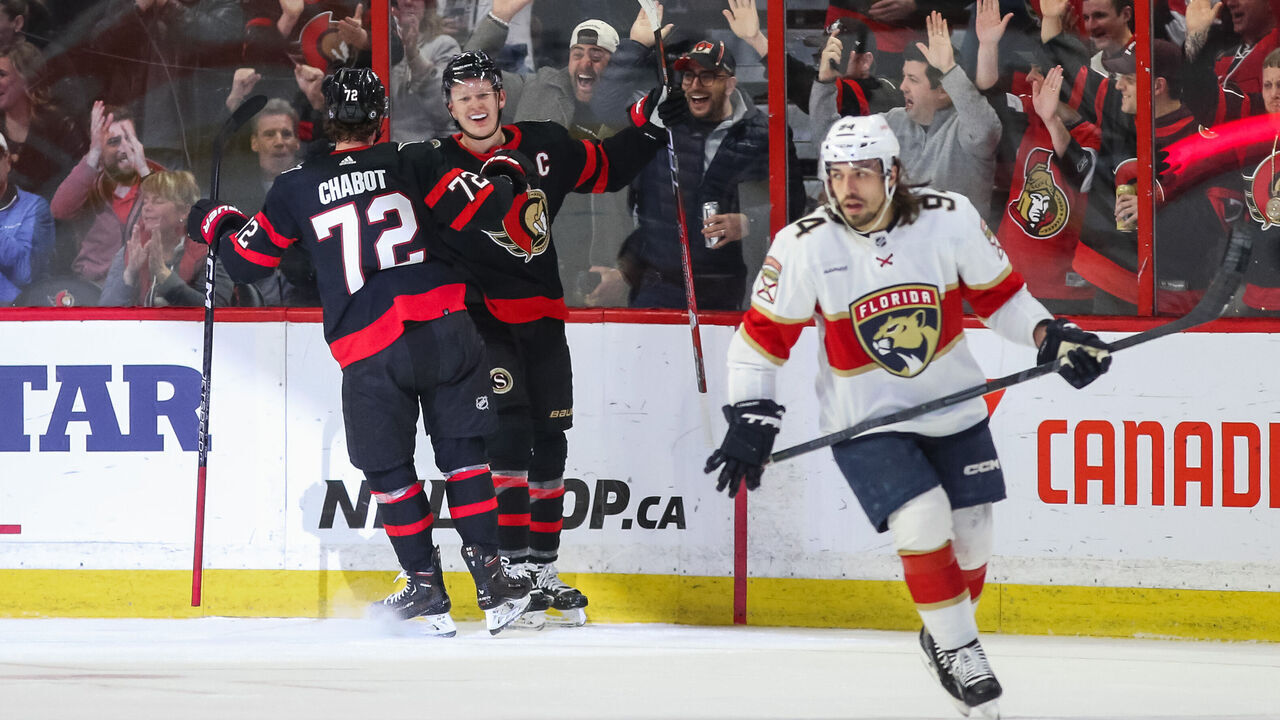 OTTAWA, CANADA - MARCH 27: Brady Tkachuk #7 of the Ottawa Senators celebrates his first period goal against the Florida Panthers with his teammate Thomas Chabot #72 at Canadian Tire Centre on March 27, 2023 in Ottawa, Ontario, Canada.