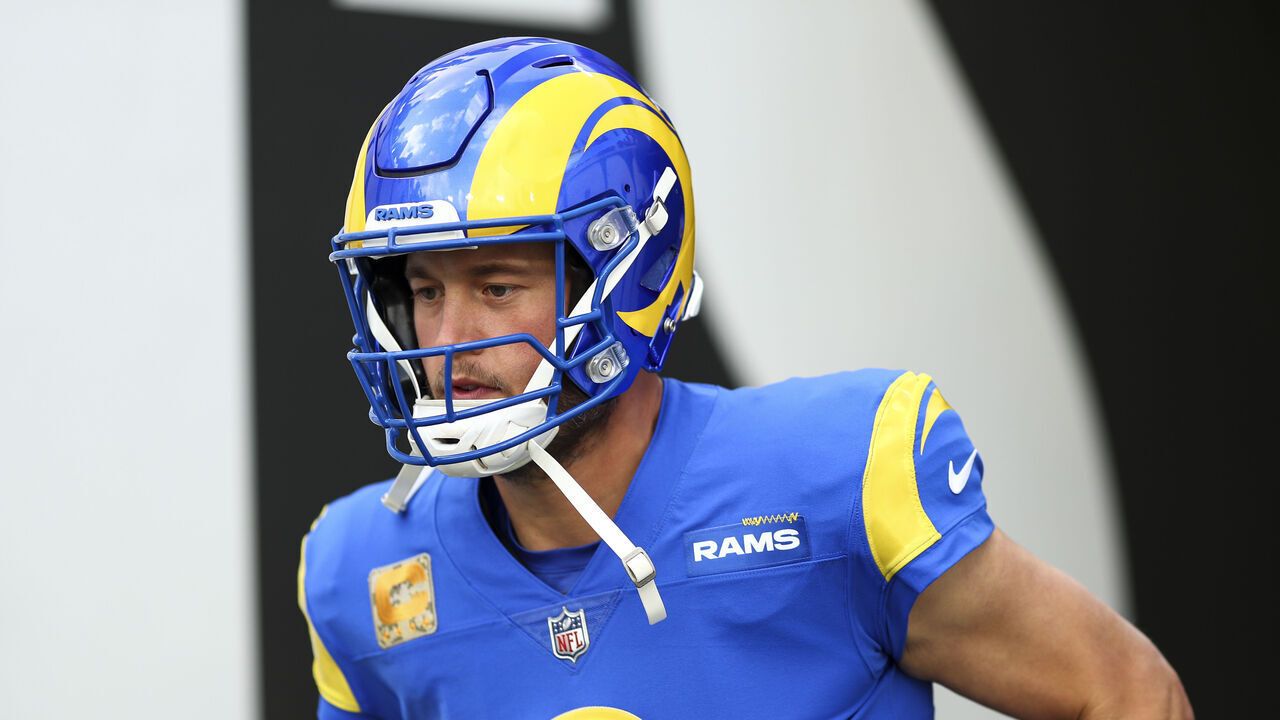 TAMPA, FL - NOVEMBER 6: Matthew Stafford #9 of the Los Angeles Rams walks through the tunnel prior to an NFL football game against the Tampa Bay Buccaneers at Raymond James Stadium on November 6, 2022 in Tampa, Florida.