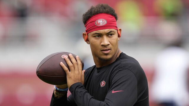 SANTA CLARA, CALIFORNIA - SEPTEMBER 18: Trey Lance #5 of the San Francisco 49ers warms up before the game against the Seattle Seahawks at Levi's Stadium on September 18, 2022 in Santa Clara, California.