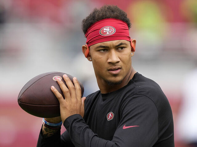 SANTA CLARA, CALIFORNIA - SEPTEMBER 18: Trey Lance #5 of the San Francisco 49ers warms up before the game against the Seattle Seahawks at Levi's Stadium on September 18, 2022 in Santa Clara, California.