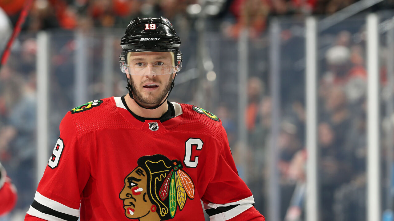 PHILADELPHIA, PENNSYLVANIA - JANUARY 19: Jonathan Toews #19 of the Chicago Blackhawks looks on against the Philadelphia Flyers at the Wells Fargo Center on January 19, 2023 in Philadelphia, Pennsylvania.