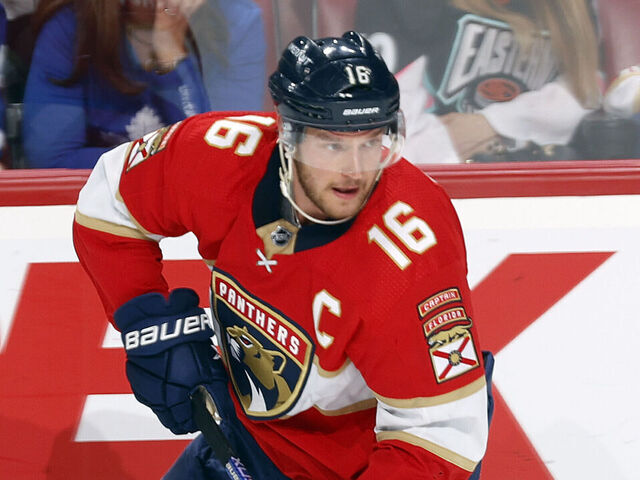 SUNRISE, FL - MARCH 23: Aleksander Barkov #16 of the Florida Panthers skates with the puck against the Toronto Maple Leafs at the FLA Live Arena on March 23, 2023 in Sunrise, Florida.