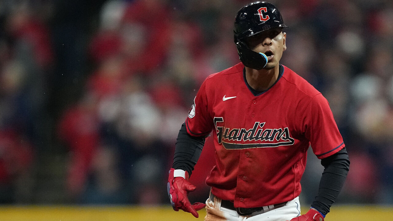 CLEVELAND, OHIO - OCTOBER 16: Andres Gimenez #0 of the Cleveland Guardians reacts after sliding to second base during the seventh inning against the New York Yankees in game four of the American League Division Series at Progressive Field on October 16, 2022 in Cleveland, Ohio.