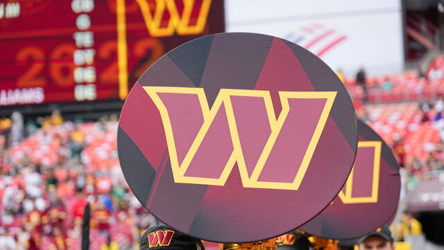 LANDOVER, MD - SEPTEMBER 25: Washington Commanders logo on a tuba during the game between the Philadelphia Eagles and the Washington Commanders on September 25, 2022 at Fedex Field in Landover, MD.