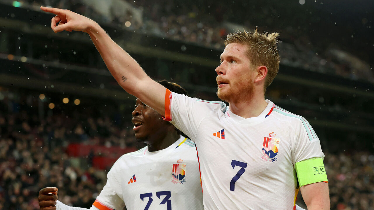 COLOGNE, GERMANY - MARCH 28: Kevin De Bruyne of Belgium celebrates after scoring the team's third goal during the international friendly match between Germany and Belgium at RheinEnergieStadion on March 28, 2023 in Cologne, Germany.
