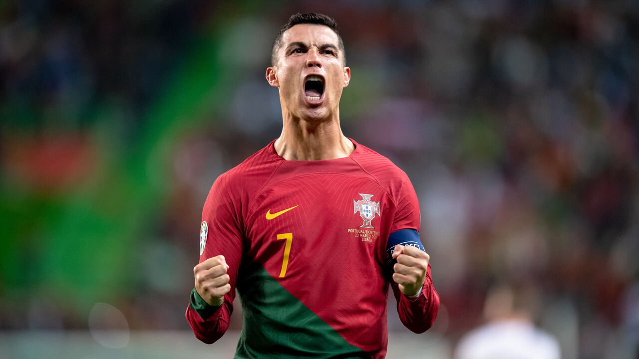 LISBON, PORTUGAL - MARCH 23: Cristiano Ronaldo of Portugal celebrate during the UEFA EURO 2024 qualifying round group J match between Portugal and Liechtenstein at Estadio Jose Alvalade on March 23, 2023 in Lisbon, Portugal.