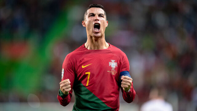 LISBON, PORTUGAL - MARCH 23: Cristiano Ronaldo of Portugal celebrate during the UEFA EURO 2024 qualifying round group J match between Portugal and Liechtenstein at Estadio Jose Alvalade on March 23, 2023 in Lisbon, Portugal.