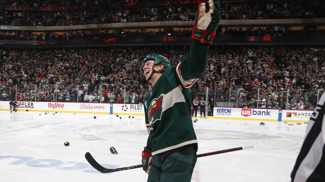 SAINT PAUL, MN - MARCH 27: Matt Boldy #12 of the Minnesota Wild celebrates after recording a hat trick against the Seattle Kraken during the game at the Xcel Energy Center on March 27, 2023 in Saint Paul, Minnesota.