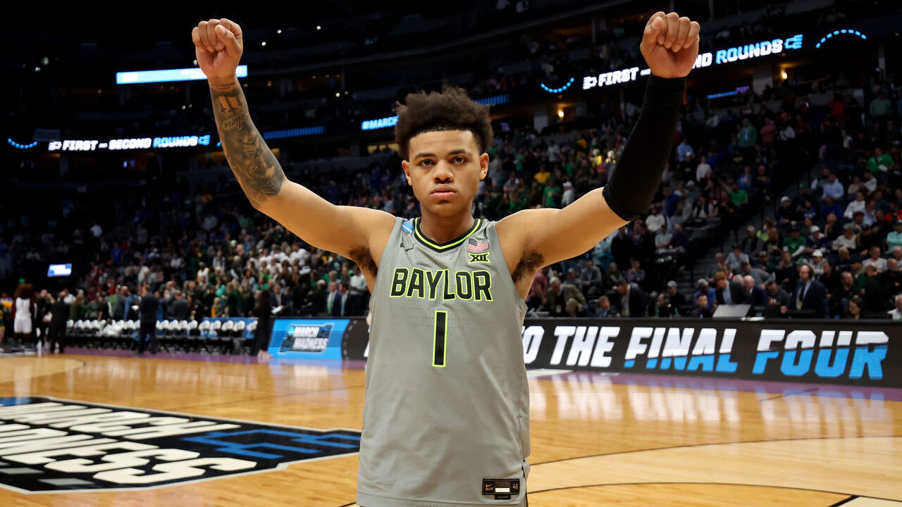 DENVER, CO - MARCH 17: Keyonte George #1 of the Baylor Bears reacts after defeating the UC Santa Barbara Gauchos during the first round of the 2023 NCAA Men's Basketball Tournament held at Ball Arena on March 17, 2023 in Denver, Colorado.