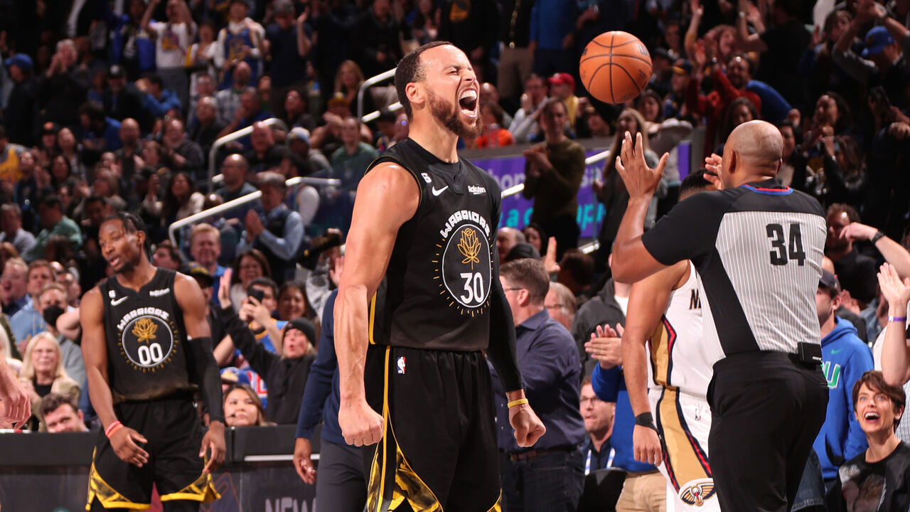 SAN FRANCISCO, CA - MARCH 28: Stephen Curry #30 of the Golden State Warriors celebrates during the game against the New Orleans Pelicans on March 28, 2023 at Chase Center in San Francisco, California. NOTE TO USER: User expressly acknowledges and agrees that, by downloading and or using this photograph, user is consenting to the terms and conditions of Getty Images License Agreement. Mandatory Copyright Notice: Copyright 2023 NBAE