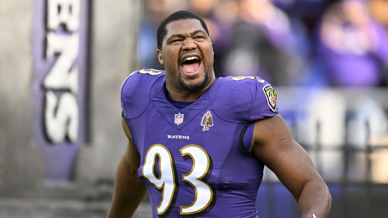 BALTIMORE, MARYLAND - DECEMBER 04: Calais Campbell #93 of the Baltimore Ravens is introduced before the game against the Denver Broncos at M&T Bank Stadium on December 04, 2022 in Baltimore, Maryland.