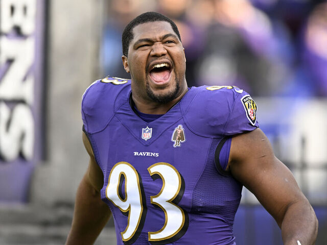 BALTIMORE, MARYLAND - DECEMBER 04: Calais Campbell #93 of the Baltimore Ravens is introduced before the game against the Denver Broncos at M&T Bank Stadium on December 04, 2022 in Baltimore, Maryland.