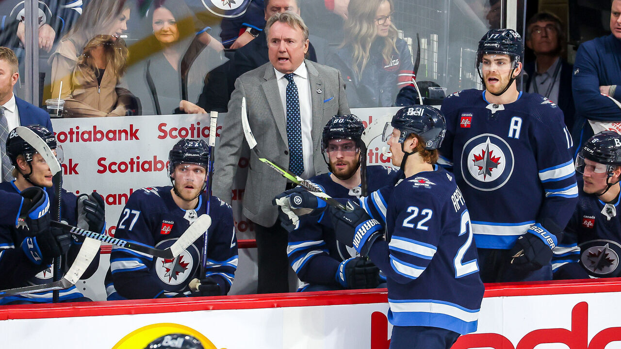 WINNIPEG, CANADA - MARCH 21: Head Coach Rick Bowness of the Winnipeg Jets calls out instructions from the bench durng a second period stoppage in play against the Arizona Coyotes at the Canada Life Centre on March 21, 2023 in Winnipeg, Manitoba, Canada.