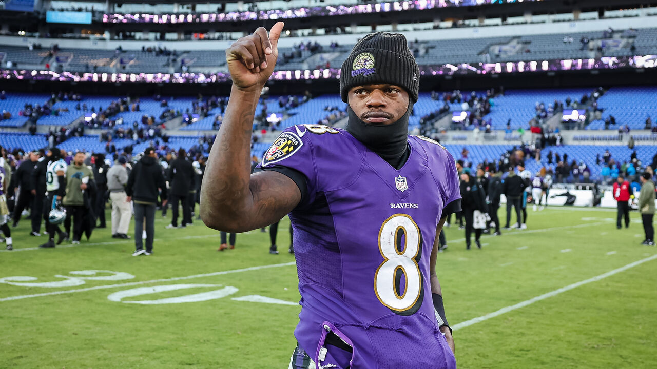 BALTIMORE, MD - NOVEMBER 20: Lamar Jackson #8 of the Baltimore Ravens reacts after the game against the Carolina Panthers at M&T Bank Stadium on November 20, 2022 in Baltimore, Maryland.