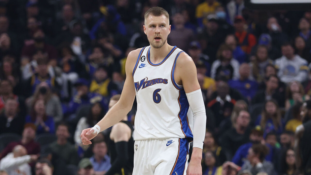 SAN FRANCISCO, CALIFORNIA - FEBRUARY 13: Kristaps Porzingis #6 of the Washington Wizards looks on during the game against the Golden State Warriors at Chase Center on February 13, 2023 in San Francisco, California. NOTE TO USER: User expressly acknowledges and agrees that, by downloading and/or using this photograph, User is consenting to the terms and conditions of the Getty Images License Agreement.