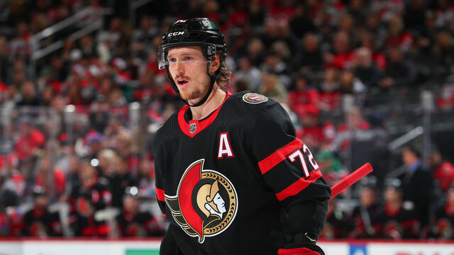 NEWARK, NJ - MARCH 25: Thomas Chabot #72 of the Ottawa Senators skates in the first period of the game against the New Jersey Devils at the Prudential Center on March 25, 2023 in Newark, New Jersey.