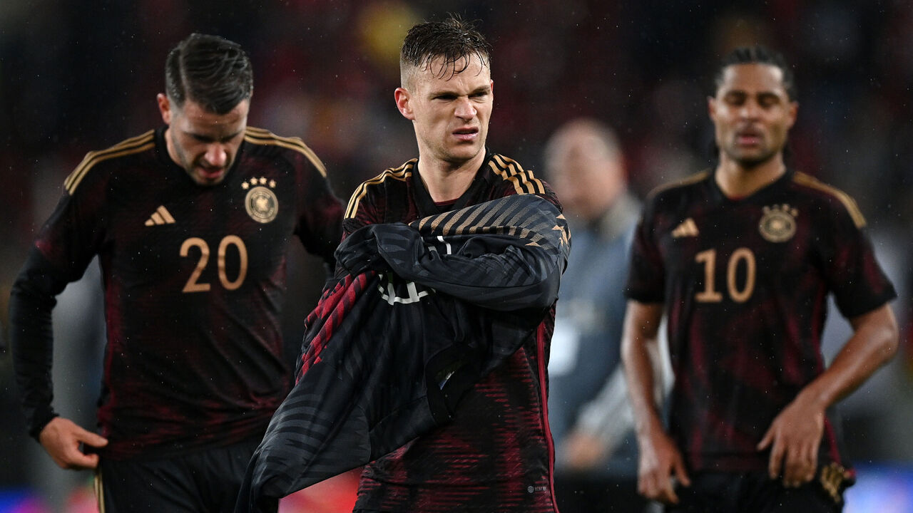 COLOGNE, GERMANY - MARCH 28: Joshua Kimmich of Germany looks dejected following the team's defeat during the international friendly match between Germany and Belgium at RheinEnergieStadion on March 28, 2023 in Cologne, Germany.