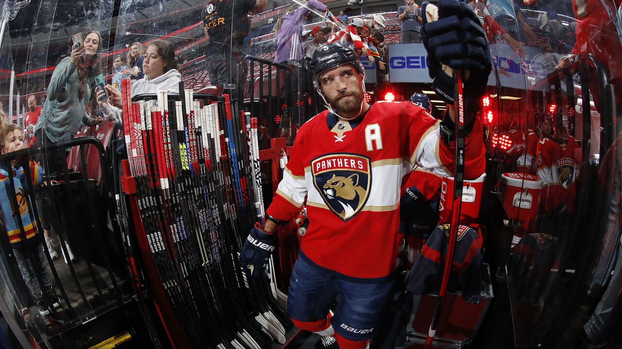 SUNRISE, FLORIDA - MARCH 25: Aaron Ekblad #5 of the Florida Panthers is greeted by fans on his way to the ice prior to the start of the game against the New York Rangers at the FLA Live Arena on March 25, 2023 in Sunrise, Florida.