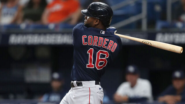 ST. PETERSBURG, FL - SEP 05: Boston Red Sox outfielder Franchy Cordero (16) at bat during the MLB regular season game between the Boston Red Sox and the Tampa Bay Rays on September 05, 2022, at Tropicana Field in St. Petersburg, FL.