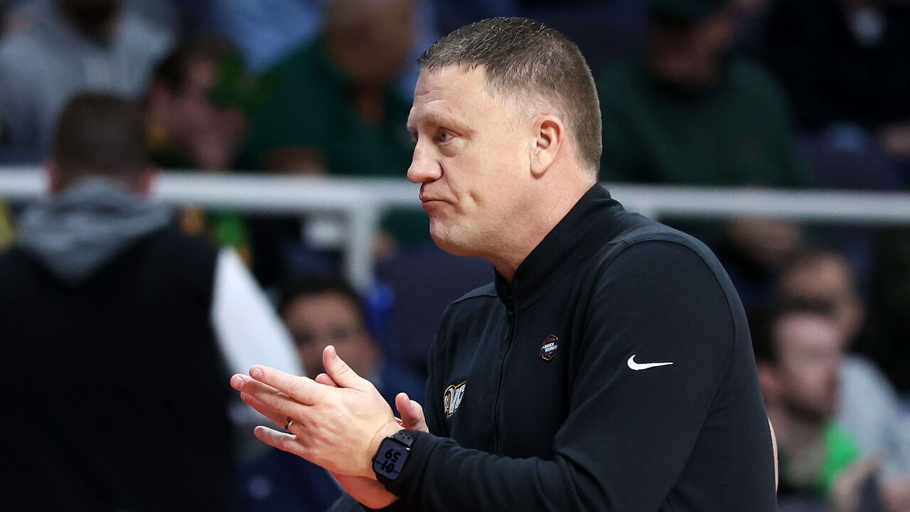 ALBANY, NEW YORK - MARCH 17: Head coach Mike Rhoades of the Virginia Commonwealth Rams looks on before the game against the St. Mary's Gaels in the first round of the NCAA Men's Basketball Tournament at MVP Arena on March 17, 2023 in Albany, New York.