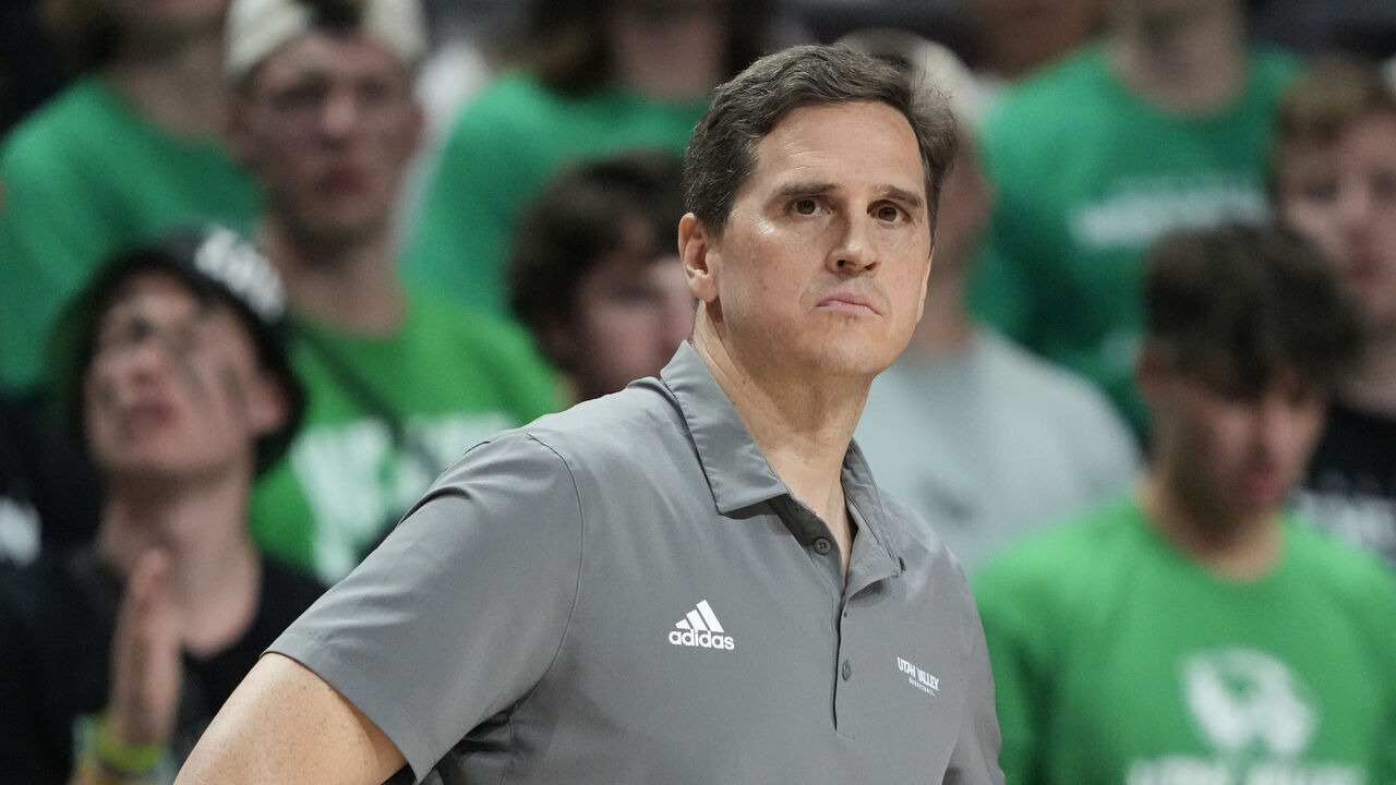 LAS VEGAS, NEVADA - MARCH 10: Head coach Mark Madsen of the Utah Valley Wolverines looks on during the first half of a semifinal game of the Western Athletic Conference basketball tournament against the Southern Utah Thunderbirds at the Orleans Arena on March 10, 2023 in Las Vegas, Nevada.